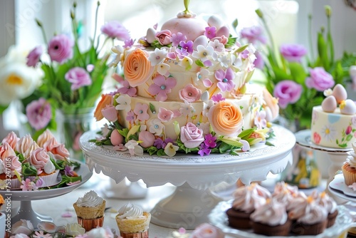 Spring's Culinary Masterpiece: An Exquisitely Decorated Easter Cake with Pastel Icing and Delicate Edible Flowers