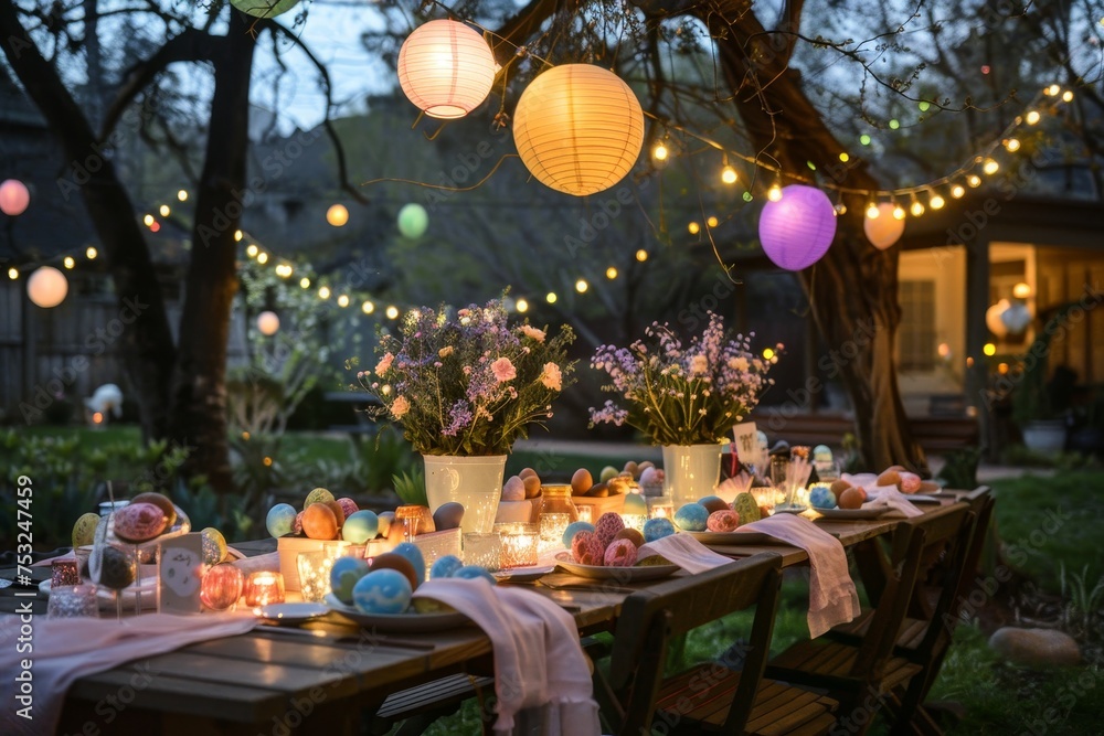 Enchanted Easter Evening: Soft Pastel Lights and Lanterns Creating a Dreamy Outdoor Celebration