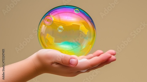 a person s hand holding a soap bubble in front of a beige background with bubbles on the outside of the bubble.