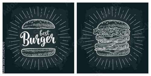 Double cheeseburger include cutlet, tomato, cheese, cucumber and salad with rays. Vector white vintage engraving illustration on dark chalkboard. Best burger lettering
