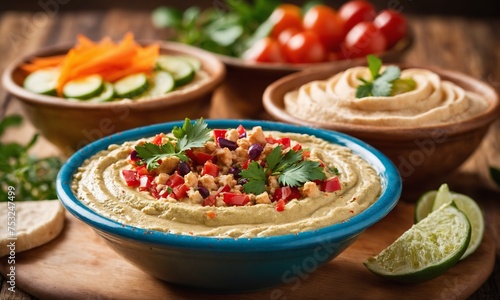 Live vegan hummus bowls, traditional meze with pita bread and appetizers