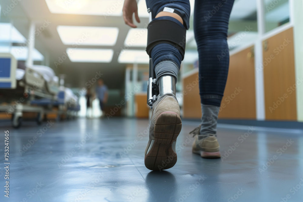 Fototapeta premium A man in a hospital room with a prosthetic leg. The room is dimly lit and has a medical feel to it