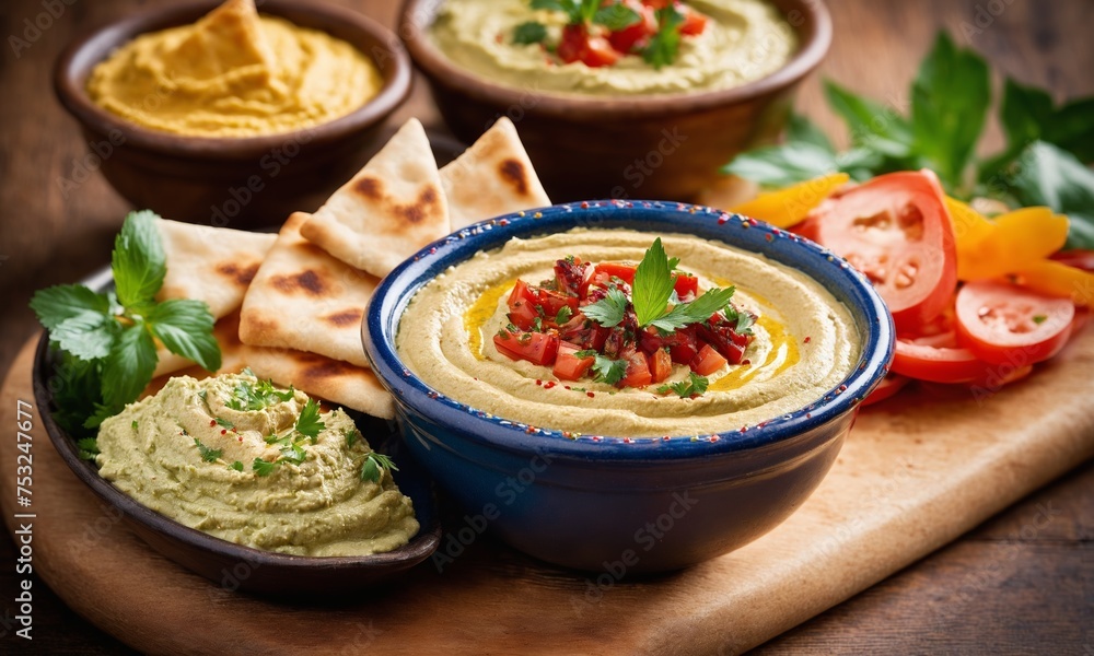 Live vegan hummus bowls, traditional meze with pita bread and appetizers Live vegan hummus bowls, traditional meze with pita bread and appetizers