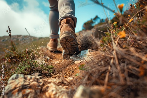 Hiker in sports shoes walking on the trail. Hiking endurance concept. AI Generated 