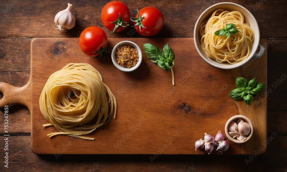 Spaghetti with tomato sauce and parmesan on a wooden background