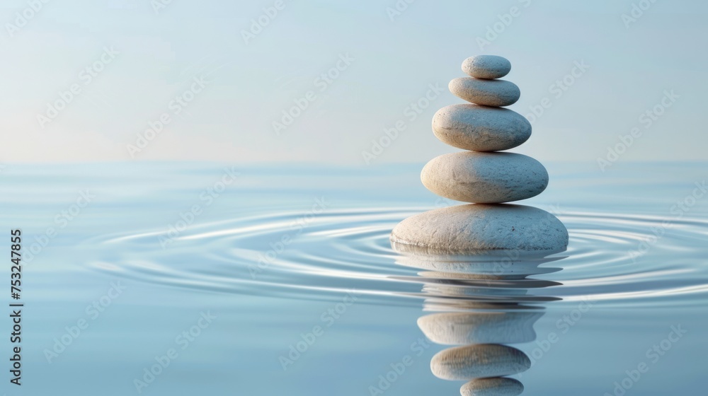 a stack of rocks sitting in the middle of a body of water with ripples on top of the water. a stack of rocks sitting in the middle of a body of water with ripples on top of the water.