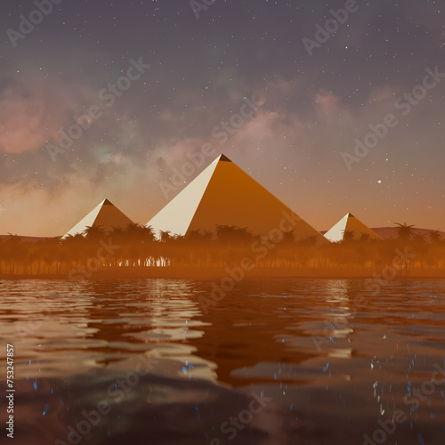 Majestic Starry Sky Illuminating the Great Pyramids of Giza and Reflection