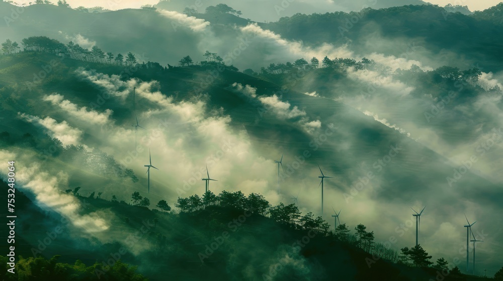 a group of windmills on a hill surrounded by clouds of smoke and smothers of smoke in the foreground.