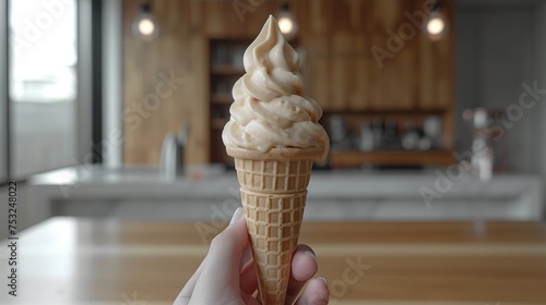 a person is holding an ice cream cone in a room with a wooden table and a kitchen in the background. photo