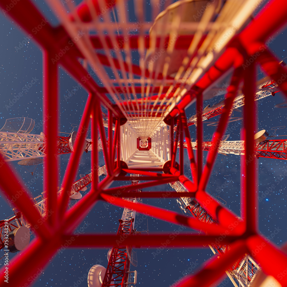 Elevated Nighttime View Inside a Red and White Telecommunications Tower Elevated Nighttime View Inside a Red and White Telecommunications Tower