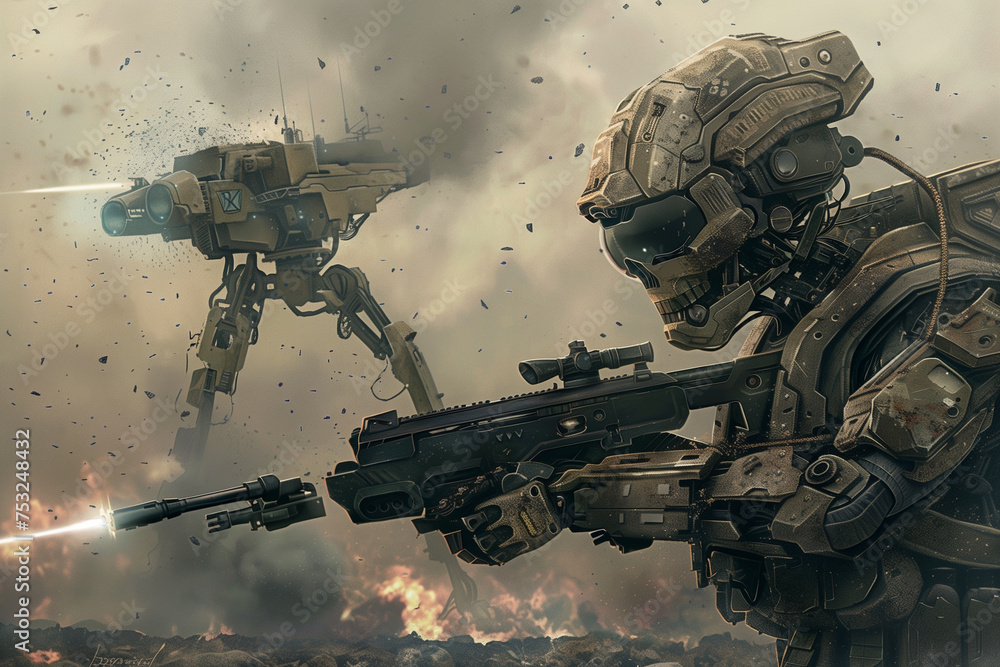 A robot with a gun on its head is standing in front of a crowd of people. The robot is wearing a camouflage suit and has a menacing look on its face. The scene is set in a city