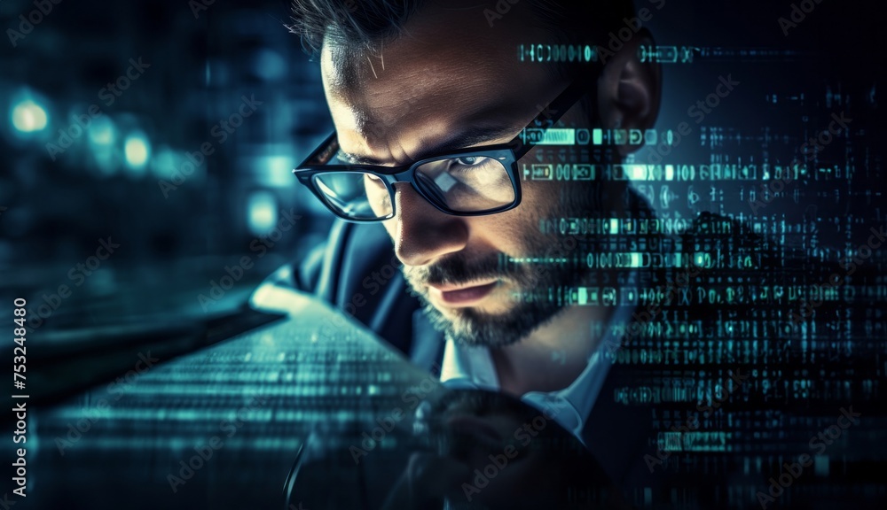 A hacker, surrounded by technological holograms, intensely focuses on coding in a close-up shot, portraying a futuristic cyber atmosphere.Generated image A hacker, surrounded by technological holograms, intensely focuses on coding in a close-up shot, portraying a futuristic cyber atmosphere.Generated image