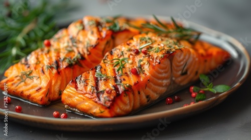 a close up of a plate of salmon on a plate with other plates of food and garnishments. photo