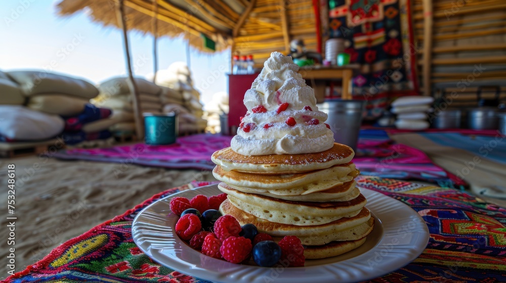 a stack of pancakes with whipped cream and raspberries on a plate with strawberries and raspberries. a stack of pancakes with whipped cream and raspberries on a plate with strawberries and raspberries.