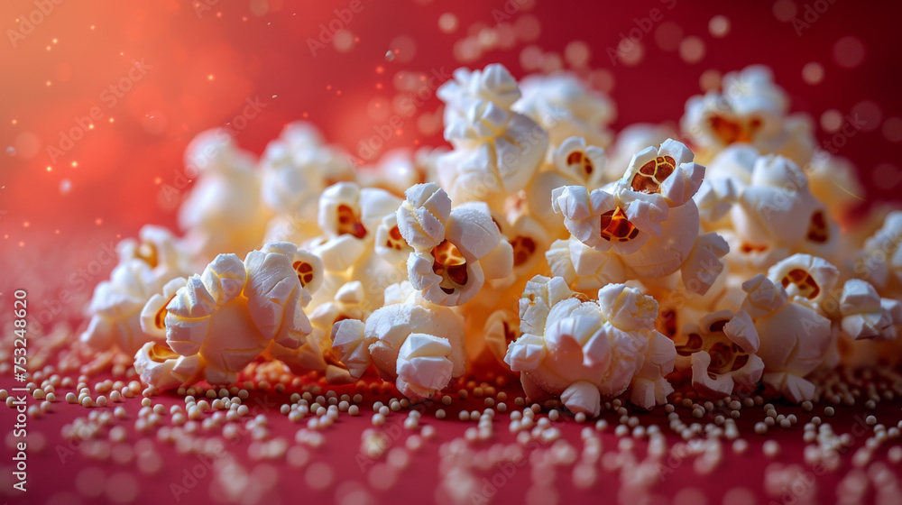 Spilled popcorn on a red background, cinema, movies and entertainment concept. Spilled popcorn on a red background, cinema, movies and entertainment concept.