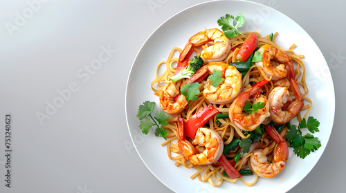 Shrimp stir fry noodle dish on white background