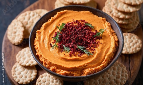 View from the top of carrot hummus with paprika and sumac spices served on a stone table with seed crackers