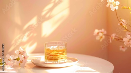 a glass of tea sits on a table with a plate of food and a vase of flowers in the background. photo
