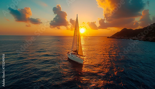 Aerial View of Yacht Anchored in Serene Mediterranean Cove at Sunset