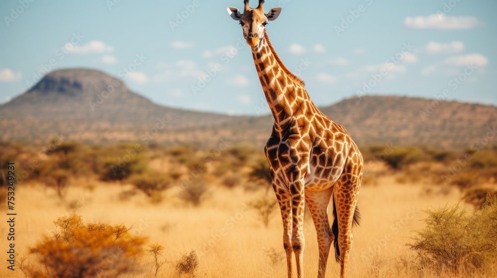 Graceful giraffe standing tall in natural beauty of the vast and serene savannah wilderness - obrazy, fototapety, plakaty 