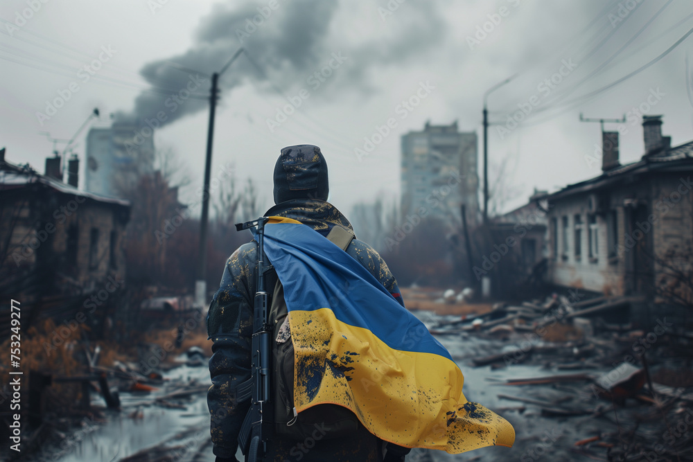 A man stands on a hill overlooking a city with a yellow and blue flag in his hand. The sky is dark and cloudy, and the city is lit up with lights. Scene is somber and reflective