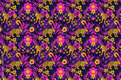 Abstract leopard and flowers seamless pattern