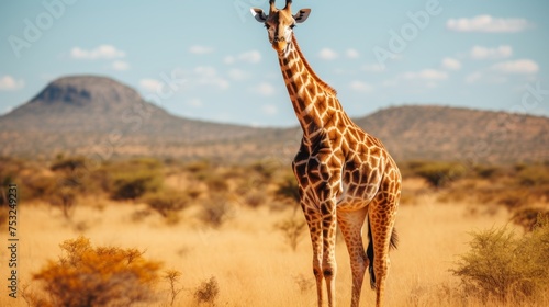 Graceful giraffe standing tall in natural beauty of the vast and serene savannah wilderness