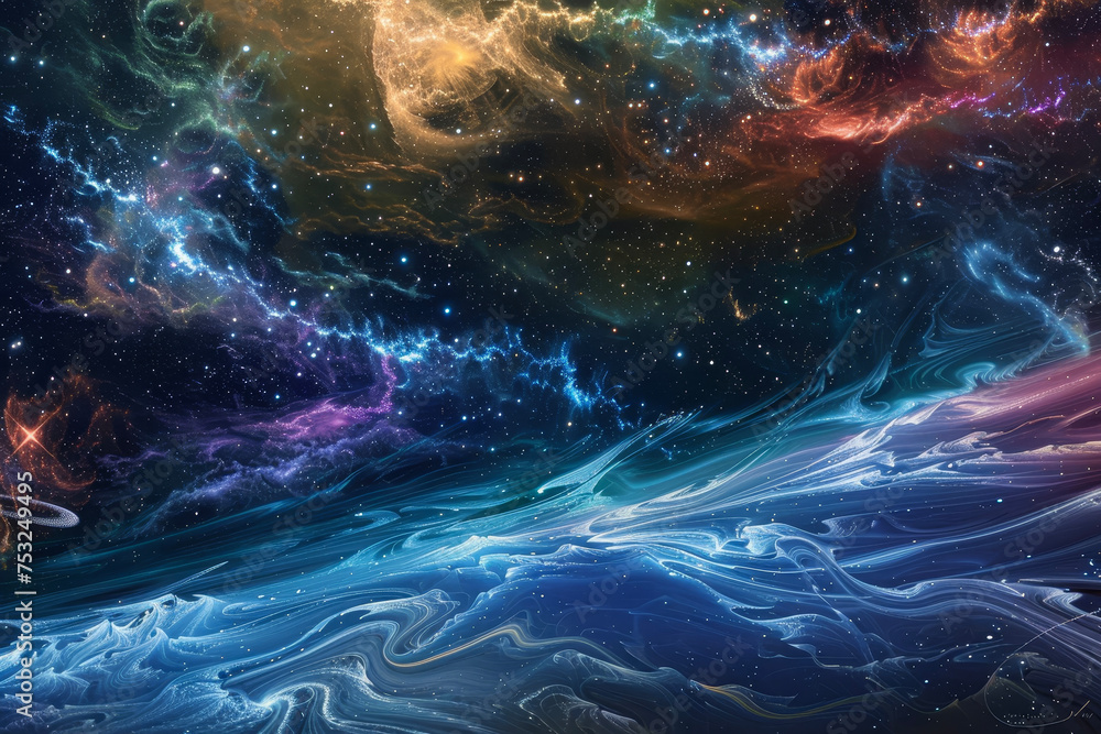 A celestial tide--waves of stardust and comet trails sweep across the canvas. Abstract constellations form--Orion, Cassiopeia, and the Milky Way. A celestial tide--waves of stardust and comet trails sweep across the canvas. Abstract constellations form--Orion, Cassiopeia, and the Milky Way.