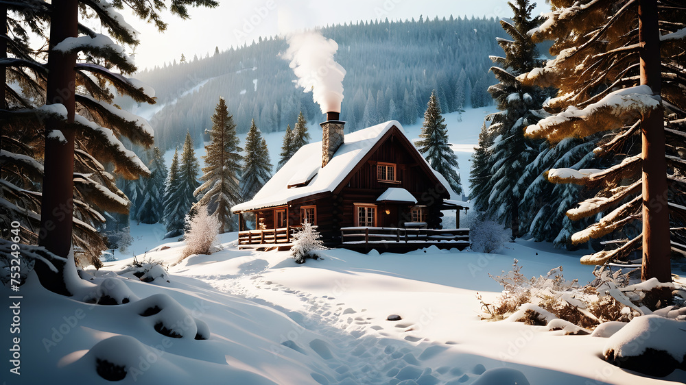 Describe a picturesque winter scene with snow-covered landscapes. A quiet forest blanketed in snow, with tree branches glistening in the soft sunlight. In the distance, a cozy cabin emits a warm light