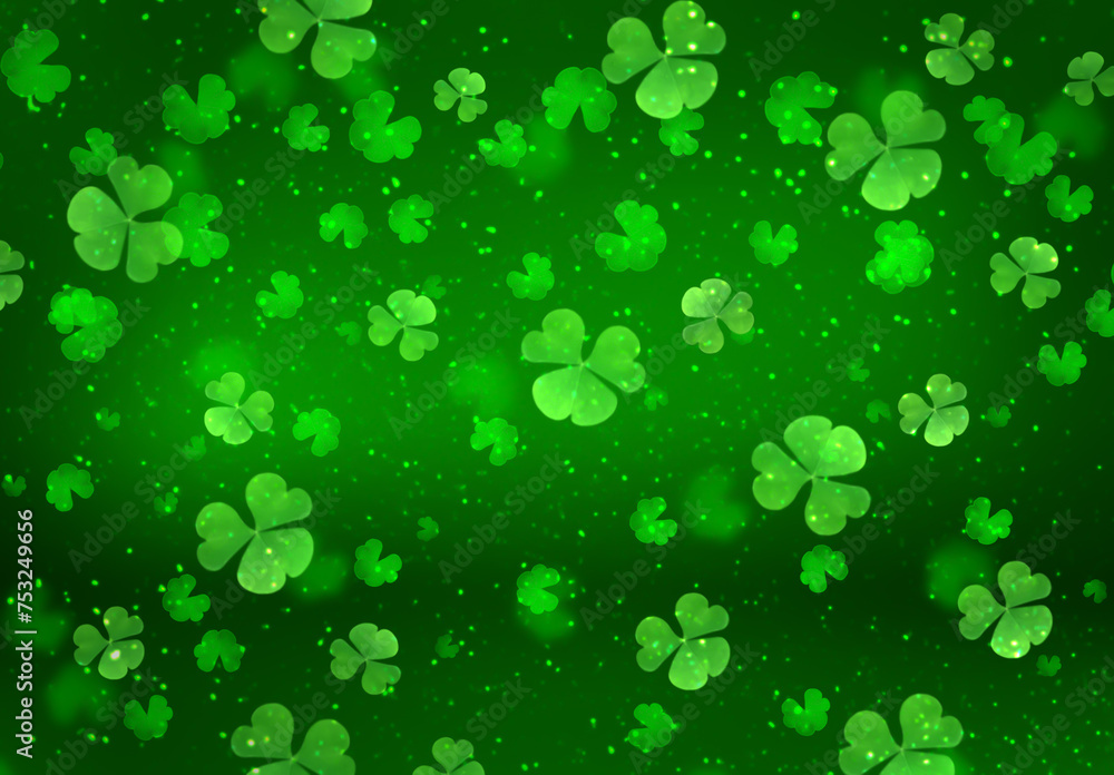 St. Patrick's Day green festive background with flying shamrock leaves, holiday party pattern with clover, abstract celebrating backdrop with glittering bokeh. St. Patrick's Day green festive background with flying shamrock leaves, holiday party pattern with clover, abstract celebrating backdrop with glittering bokeh.
