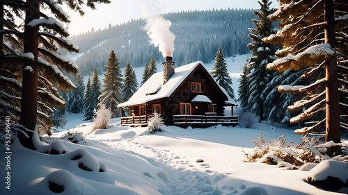 Describe a picturesque winter scene with snow-covered landscapes. A quiet forest blanketed in snow, with tree branches glistening in the soft sunlight. In the distance, a cozy cabin emits a warm light © Farhan