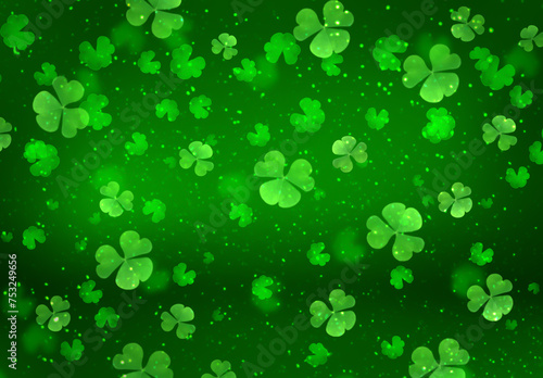 St. Patrick's Day green festive background with flying shamrock leaves, holiday party pattern with clover, abstract celebrating backdrop with glittering bokeh.