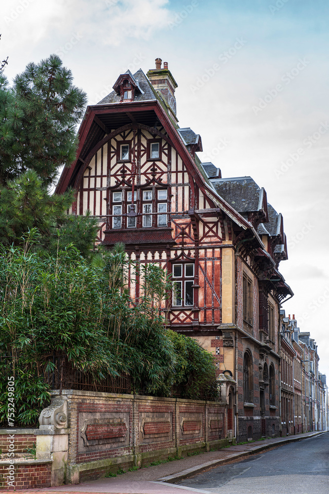 Architecture of an old half-timbered house from the Middle Ages in the town of Fécamp in France
