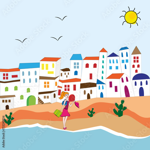 Paisaje de pueblo y mujer con pamela.