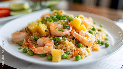Tropical shrimp fried rice on a white plate photo
