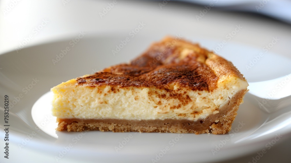 a close up of a plate with a slice of cheesecake on the plate with another plate in the background.