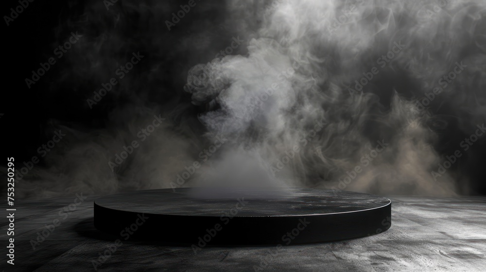 A room filled with smoke with a podium for black products in the middle. Gives the room a mysterious atmosphere. A room filled with smoke with a podium for black products in the middle. Gives the room a mysterious atmosphere.