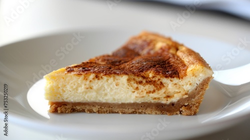 a close up of a plate with a slice of cheesecake on the plate with another plate in the background.