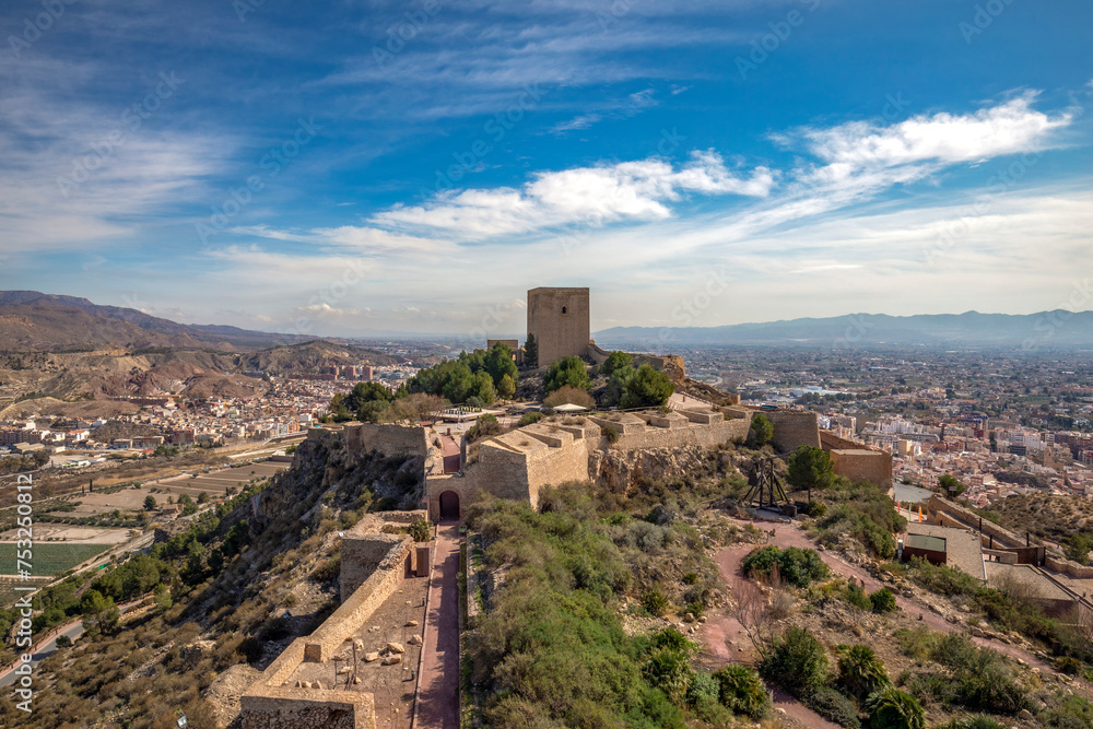 Generic and top view of the medieval castle of Lorca, Region of Murcia, Spain, from the Espolon tower.