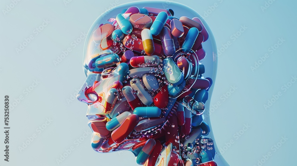 Profile of a human head composed of numerous pills and capsules, depicting concepts of medication, mental health, and pharmaceuticals