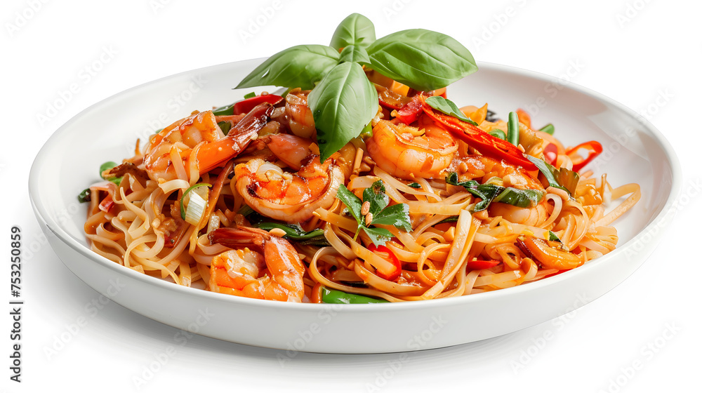 Delicious shrimp pasta with fresh basil on white plate Delicious shrimp pasta with fresh basil on white plate