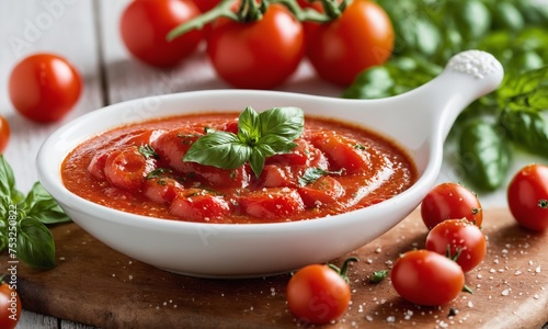 Tomato sauce with basil and pine nuts in a white bowl.