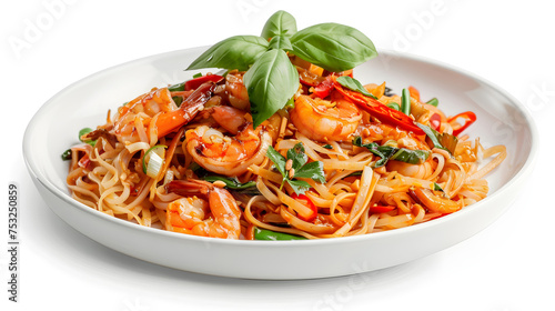 Delicious shrimp pasta with fresh basil on white plate