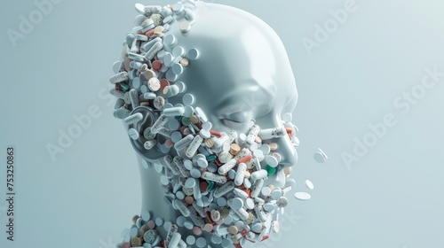 Head silhouette covered with various pills on a pastel blue background. Alopecia and hair loss treatment concept. photo
