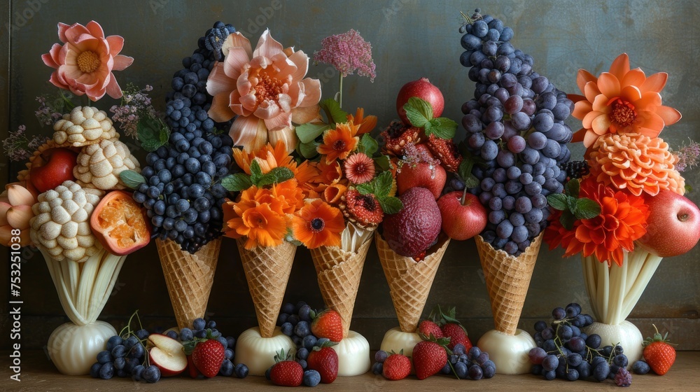 a group of cones filled with fruit and flowers next to a group of other cones filled with grapes, strawberries, peaches, and more.