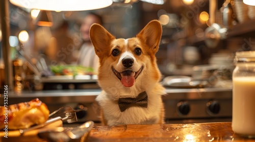 Happy corgi dog with bowtie sitting at a kitchen counter. Pet-friendly home and cooking concept with a domestic animal