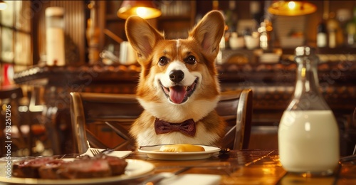 Delighted corgi dog in a bowtie at a dining table with food. Indoor pet dining experience and animal joy concept © Tatyana
