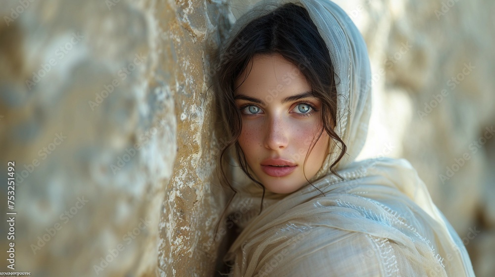 Fototapeta premium A beautiful Israeli woman at the Western Wall Generative AI 