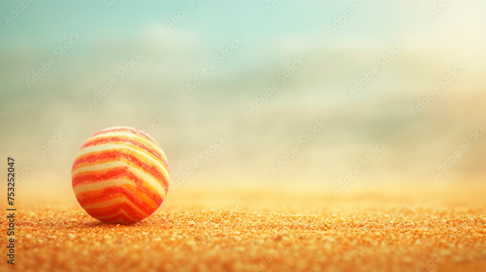  an orange and white striped ball sitting in the middle of a field of golden grass with a blue sky in the background.