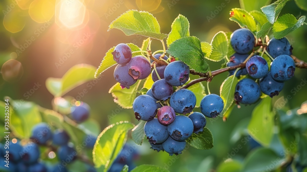 a close up of a bunch of blueberries on a tree branch with the sun shining through the green leaves. a close up of a bunch of blueberries on a tree branch with the sun shining through the green leaves.